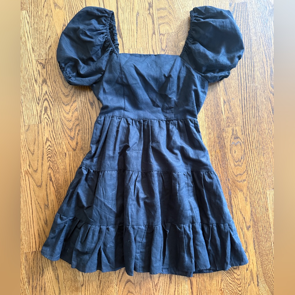 Chelsea and Violet Short Black Puff short Sleeve linen Dress size S ptp 15.5”